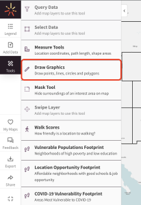 A SparkMap visitor selects the Draw Graphics tool from the tools list in the left menu. 